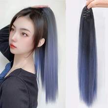 1件装 20英寸合成爪夹式马尾假发，耐高温，棕黑色混合挑染蓝色长直发夹式假发，适合女性日常佩戴 - 彩色 - 查看 14