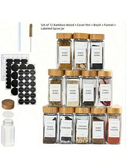 4.06 Oz Square Glass Spice Jar With Bamboo Lid - Rust-Proof, Suitable For Kitchen Storage, Includes Labels And Funnel, Spice Rack | Elegant Spice Jar | Rust-Proof Bottle