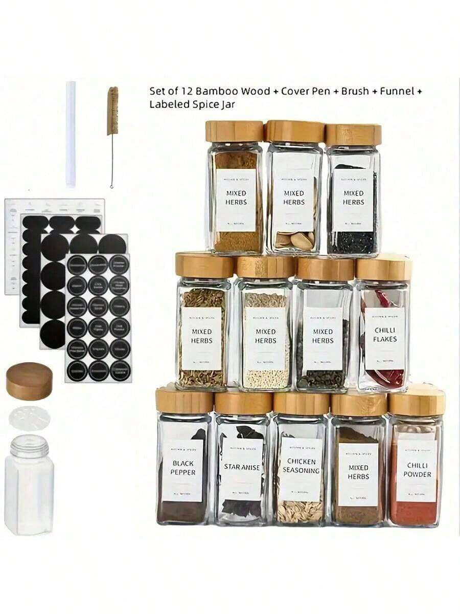 4.06 Oz Square Glass Spice Jar With Bamboo Lid - Rust-Proof, Suitable For Kitchen Storage, Includes Labels And Funnel, Spice Rack | Elegant Spice Jar | Rust-Proof Bottle