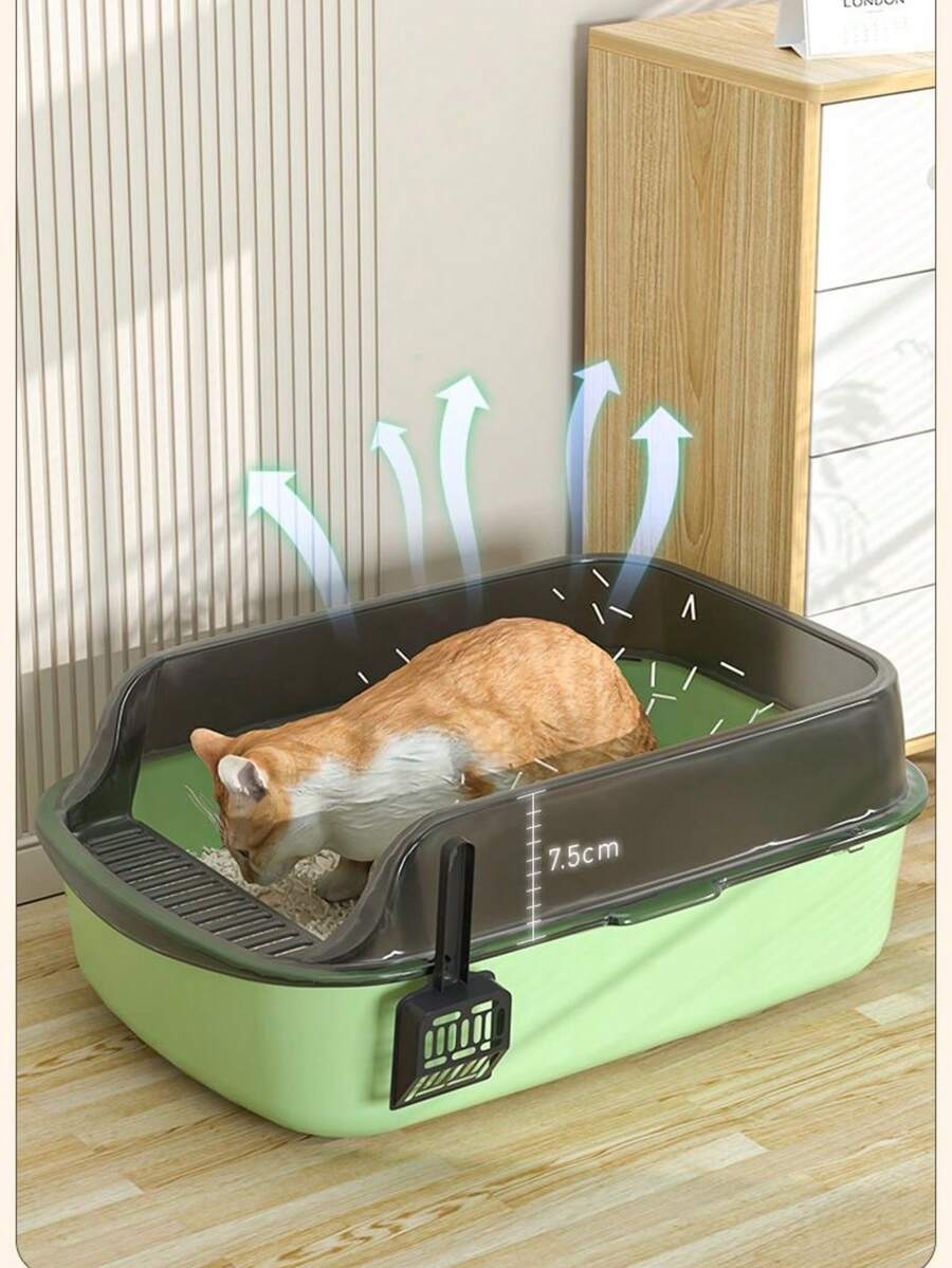 1 pieza de caja de arena para gatos de plástico, adecuada para la sala de estar, el dormitorio, el balcón, la oficina, el uso diario y para gatos pequeños y medianos. Es fácil de desmontar y limpiar