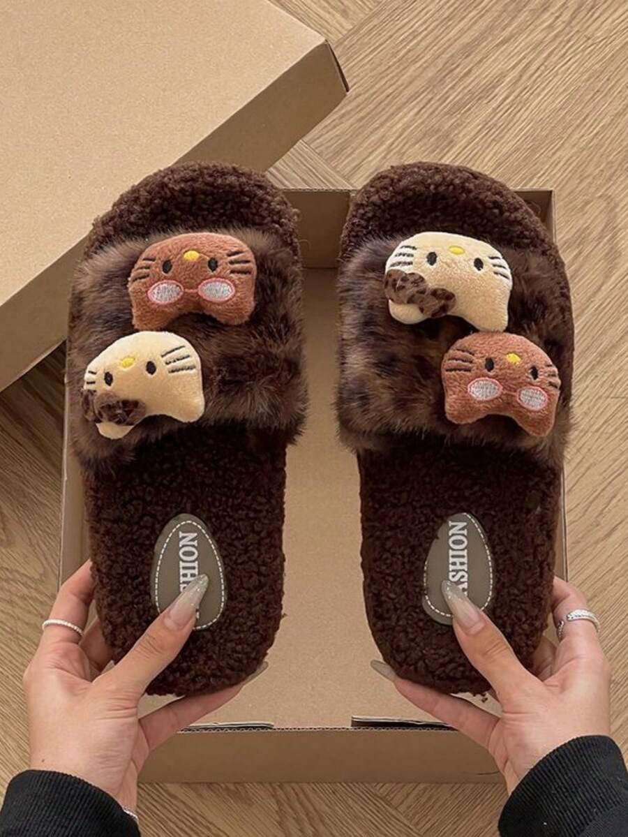 A Pair Of Sanrio's New Hello Kitty Cute Leopard Print Plush Slippers, Suitable For Girl's Autumn And Winter Home, Indoor Anti Slip Bathroom, Home Warm Slippers, Suitable For Outdoor Walking And Dressing