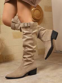 Women's Pointed Toe Chunky Heel Suede Over-The-Knee Boots, New Autumn/Winter Fashion Slim Pointed Buckle Pleated Tall Boots, Stiletto Heels Increase Height - Khaki - View 3