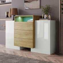 Sideboard, Modern Chest Of Drawers, 140cm Cabinet, High-Gloss White And Wood Finish, Multicolored LED Lighting Effects. Stylish Storage Solution (Partially Glossy Surface) - Natural Color - View 2