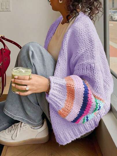 Women's Casual Autumn And Winter Fashion New Retro Color-Block Cream Cute Long-Sleeve Chunky Knit Open Cardigan,Soft And Cute Multicolored Cream-Style Cardigan,Winter Outfit For Women, Back To School,Y2k Clothes Women,Streetwear Women,Vintage Clothes,American-Style Casual Cardigan,Long-Sleeved Cardigan,Perfect For Dates, Dining Out, And Outings