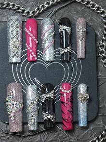 CrystalHola Unhas de Natal, 10 peças de unhas postiças artesanais, unhas longas de bailarina, unhas rosa e prateadas com strass, kit de nail art em acrílico, nail art brilhante para as festas, nail art estilo anos 2000, unhas com ponta francesa, adequadas para festivais de música e uso diário, nail art de Natal faça você mesma, nail art de Ano Novo, nail art de outono e inverno. - Multicolorido - Ver 1