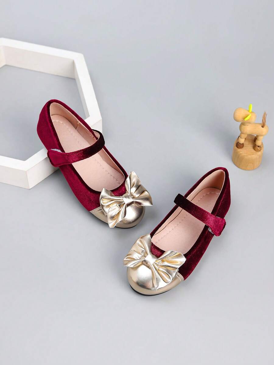 Girls' Colorblock Velvet Bow Flat Outdoor Shoes, Autumn/Winter - Burgundy - View 1