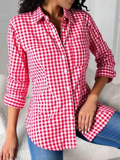 blusas casuales para dama Blusa blanca de manga larga con bolsillo y ajuste ceñido para mujer