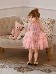 Baby Girls' Pink Mesh Patchwork Dress, Elegant Christmas Party Princess Dress, Suitable For 1st Birthday Party, Wedding, Thanksgiving - Pink - View 7