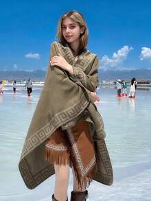 1 pièce Écharpe à capuche vintage imprimée de motifs géométriques et de couleur unie - Multicolore - Voir 4