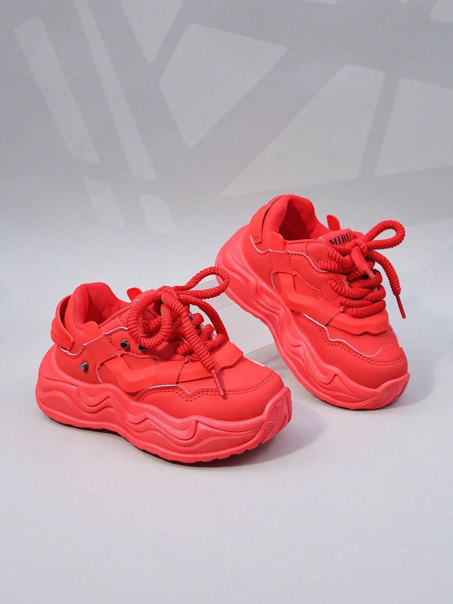 Kids' Fashion Sneakers, Spring/Autumn New Style Boys' Chunky Sneakers, Girls' Low-Top Casual Shoes, Toddlers' Campus Student Thick Sole Leisure Infant Shoes - Red - View 1