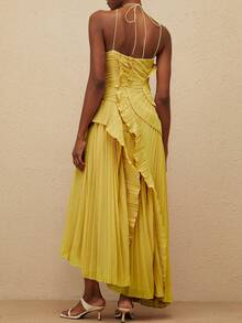 Women's Elegant Halter Neck Backless Maxi Dress Fall Sleeveless High Waist Ruffled Party Prom Evening Dresses Party Wear - Yellow - View 4