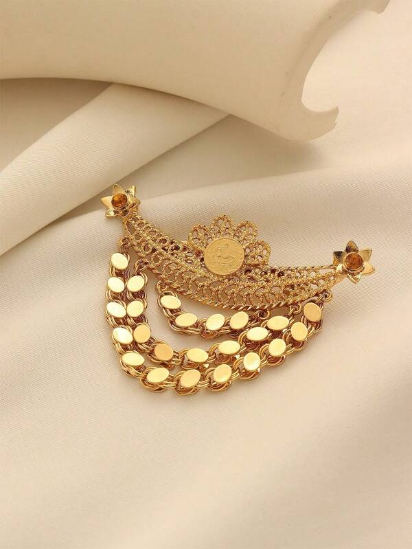 1pc Vintage Copper Alloy Gold Plated Crystal Embellished Handmade Chain Tassel Brooch, Suitable For Women's Daily Wear And Holiday Gifts