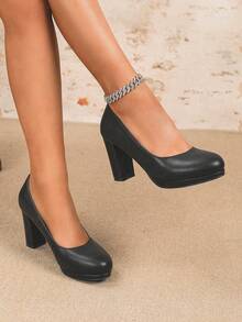 女士圆头厚底高跟鞋，舒适优雅，适合办公室正式场合穿着，黑色人造革厚底高跟鞋 - 黑色 - 查看 2