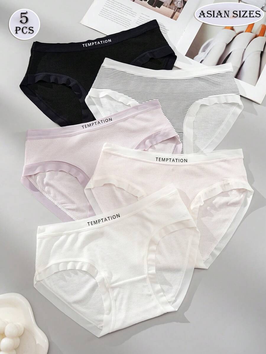 5件装特价热销女士内裤，精细罗纹设计，日式甜美舒适亲肤字母印花，简约内衣套装，中腰，温柔百搭的黑白紫粉条纹比基尼内裤，婚纱内衣