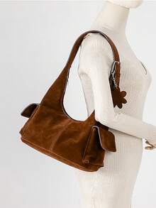 Geantă de umăr hobo din piele întoarsă, în stil retro, cu model Crescent Moon, buzunare multiple și capacitate mare. Un nou stil de toamnă/iarnă, această geantă simplă și casual este perfectă pentru naveta zilnică, serviciu, întâlniri de weekend, petreceri, sărbători sau ca un cadou pentru prieteni sau familie. - Maro - Vizualizare 3