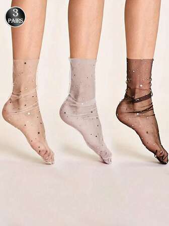 3 Pairs Transparent Mesh Shiny Star Mid-Calf Socks, Backless Design, Sheer & Skin-Toned, Sweet & Versatile