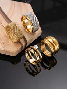 4pcs Fashionable Stainless Steel Gold Color Ring Set For Men, Includes Grid Rotatable, Roman Numeral Rhinestone Inlaid, Suitable For Men & Women, Daily Wear, Holiday, Engagement, Wedding Gift