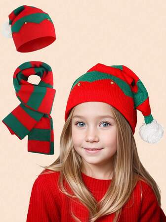2 Pieces Kids New Christmas Gift Ambient Sense Bell Knit Pullover Hat Girl Winter Scarf + Woolen Hat Suitable For Fall And Winter Season Christmas Outdoor Daily Use