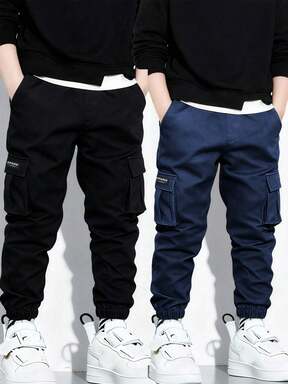 2pcs Young BoyFashionable Minimalist Multi-Pocket Cargo Pants, Sporty & Versatile (Actual Size Runs Small, Suggest Ordering One Size Up Based On The Image)