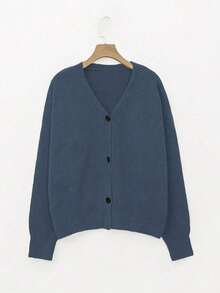 Women's Plus Size Knit Cardigan, V-Neck Drop Shoulder Long Sleeve Button Front Regular Fit Sweater Top, Suitable For Autumn/Winter - Dusty Blue - View 2