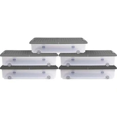 Ondis24, Contenedor de 35 litros para debajo de la cama, con ruedas, de plástico, color gris, 5 piezas