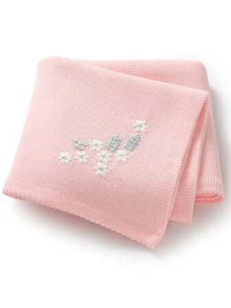 1件针织婴儿毯，带刺绣，甜美设计，休闲简约，适合所有季节