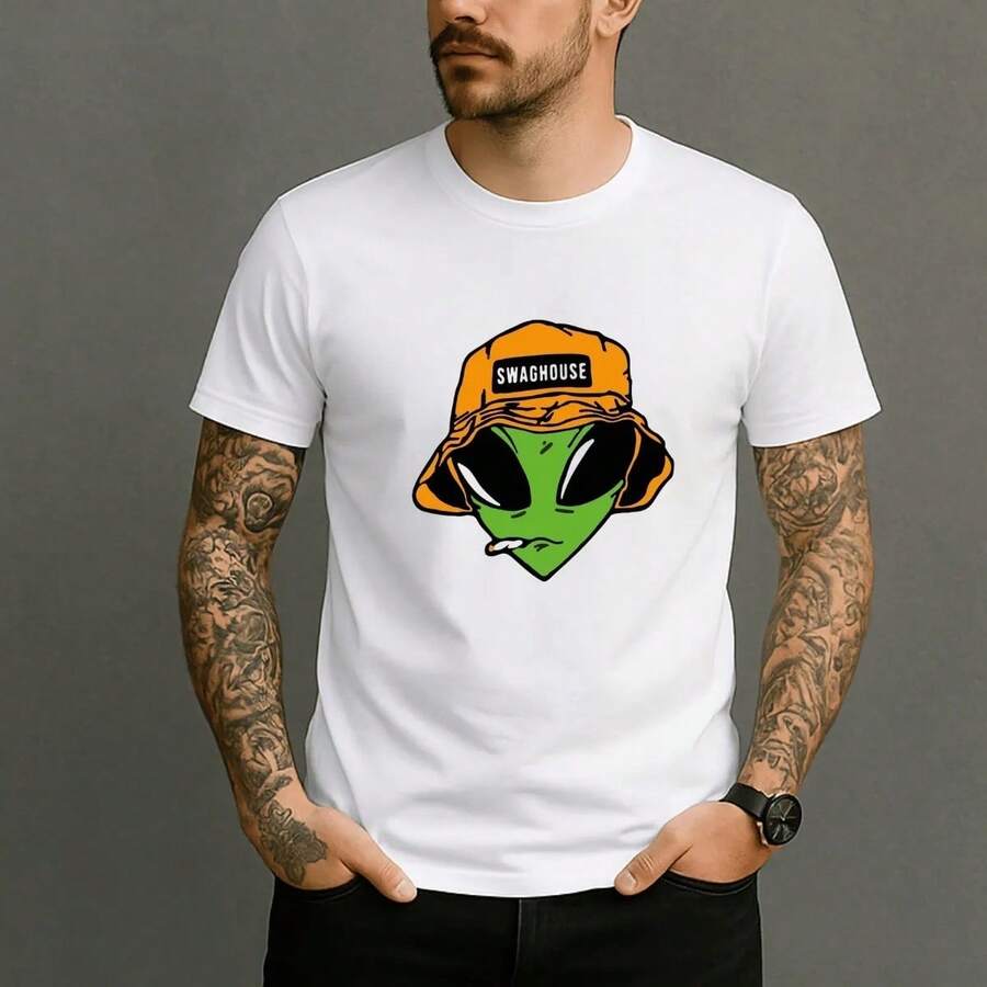 Unisex Streetwear Style T-Shirt With Alien Print And Swaghouse Hat - Stylish Men's And Women's Shirt - 100% Cotton - Free Shipping On - 白色 - 查看 1