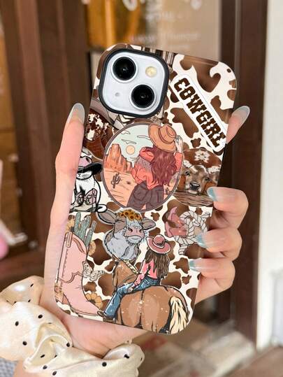 1pc Western Cowboy Style Cowboy Boot & Cactus Rider Glossy 2-In-1 Filmic Hard Phone Case Suitable For Samsung/ 11/12/13/14/15/16/17 Pro Max