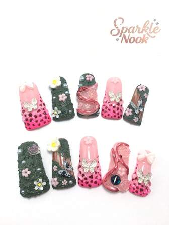 Each Set Consists Of 10 Pieces Of Y2K Duck Billed/Trumpet Shaped Handmade Acrylic Armor Plates, Designed In French Style With Rhinestones, Butterflies, Spots, And Petal Decorations, Available In Multiple Tones And Nude Colors. 3 Sizes To Fit, Suitable For Parties, Dances, And Daily Wear, Comes With A Nail Kit, Making It An Ideal Press On Nails Gift For Ladies And Girls.