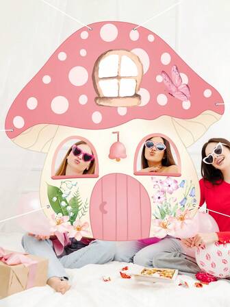 Large Mushroom Shaped Photo Prop Fairy Birthday Party Decorations Pink Fairies Selfie Frame Banner Fabric Forest Garden Photo Booth Background Fairy Decoration Supplies