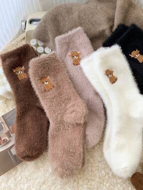 Furry calf 3/5 Pairs Women's Cartoon Calf Embroidered Plush Socks, Super Thick For Autumn/Winter, Warm Color, & Versatile For Home Wear