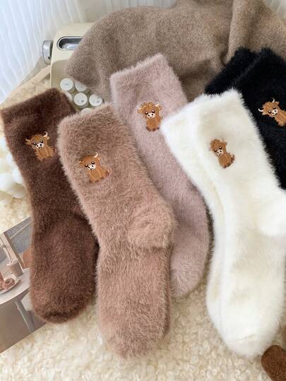 Furry calf 3/5 Pairs Women's Cartoon Calf Embroidered Plush Socks, Super Thick For Autumn/Winter, Warm Color, & Versatile For Home Wear