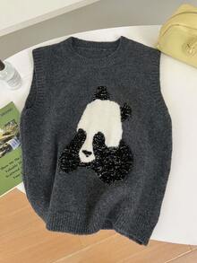 1pc Women's Sleeveless, Cartoon Panda Colorblock Sequin Cute Sweater Design, High-End Pull Sans Manches, Unique Sequin Decoration, Layerable Long Vest Sweater Sans Manches - Grey - View 2