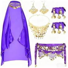 女士肚皮舞服装套装，包括肚皮舞臀巾、裹身配饰、硬币吊坠项链、耳环、手镯和万圣节肚皮舞服装 - 彩色 - 查看 14