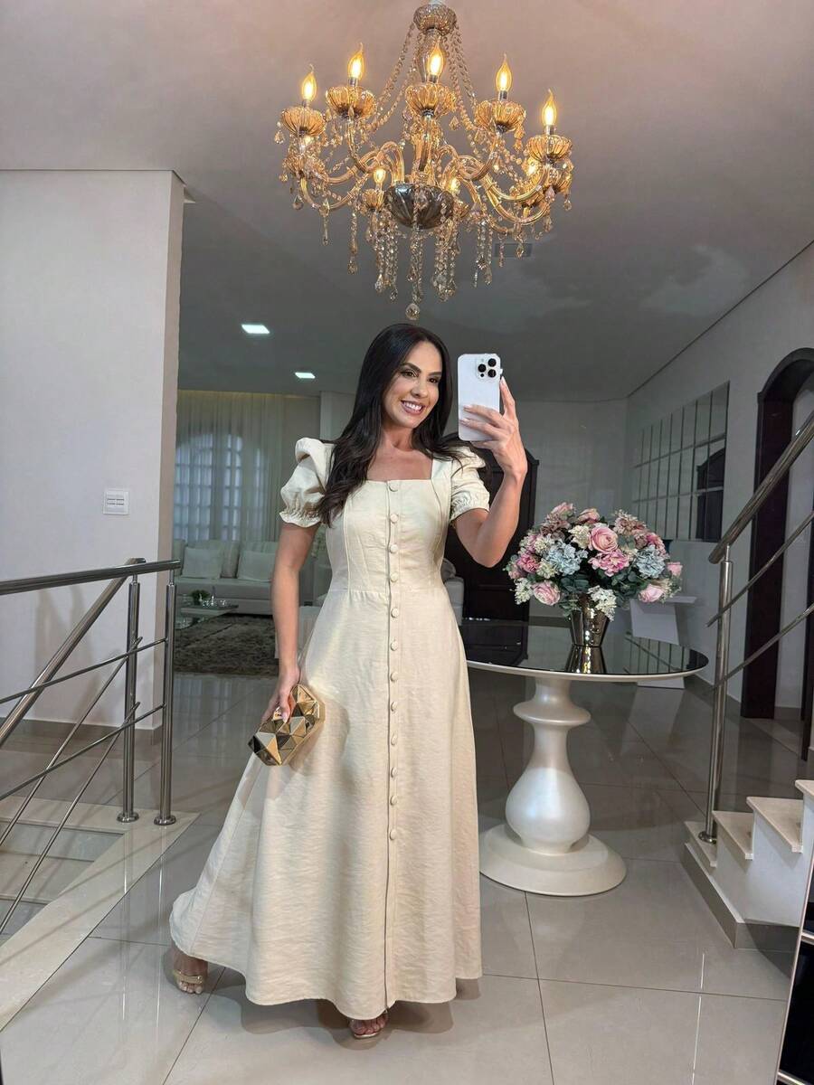 Women's Long Dress In Marrant Sensorial Fabric With Puff Sleeves And Covered Buttons. Ideal For Parties And Celebrations. Fits Sizes 38 To 42. Elegant And Comfortable. - 米色 - 查看 1
