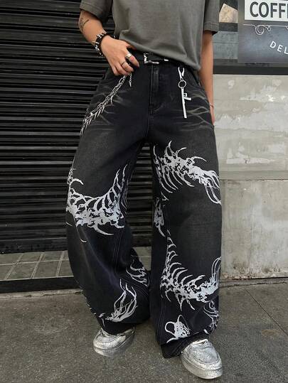 1pc Hearty Haven Men's Casual American Style Printed Distressed Wide Leg Jeans, Fashion Loose Fit Pants (No Belt & Accessories)