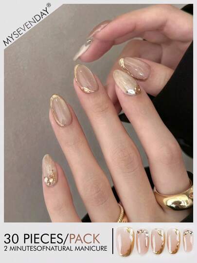 30pcs Oval/Luxury Gold-Edged Nail Stickers With Shiny Diamond Short Acrylic Fake Nails Set, Includes 1 Gel Polish And 1 Nail File, Suitable For Women For Daily Work, Study And Gatherings In Autumn/Winter. This Manicure Product Is Also Suitable For Parties, Holidays And Daily Use. Nail Supplies