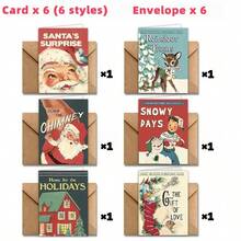 12pcs/24pcs Vintage Santa Claus & Reindeer Design Christmas Greeting Cards With Envelopes, Holiday & New Year Wishes, Chinese New Year Greetings, Christmas Winter Party Invitations, Christmas Decorations