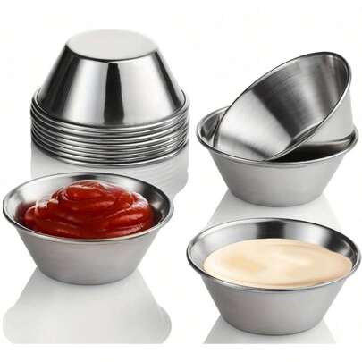 1.5oz Tazas de acero inoxidable para salsa de inmersión, tazones reutilizables de grado comercial para condimentos, tazas de porciones individuales, pequeñas y redondas, para ketchup, marinara, salsa BBQ, aptas para el hogar y el restaurante