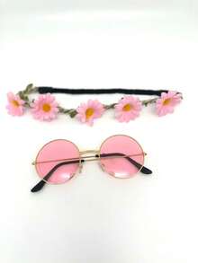 2pcs/Set 70s 80s 90s Bohemian Style Headband With 5 Flowers + Retro Round Frame Glasses, Suitable For Theme Parties, Boho Parties, Summer Parties And Vintage Parties