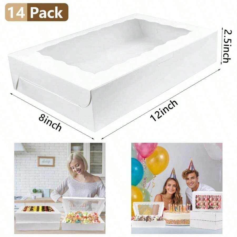 12x8x2.5 Inches Brown Bakery Boxes With Window Cookie Boxes Treat Box Desserts Cupcakes Muffins Donut Chocolate Strawberry - White + 12*8*2.5in + 14 - View 1