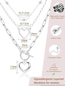 3Pcs Layered 14K Gold Plated Necklaces For Women Dainty Necklace Stack Silver Plated Non Tarnish Free Pendant Chunky Chain Pearl Paperclip Cross Heart Necklace Set For Women - 鍍銀項鍊+心形 - 查看 3