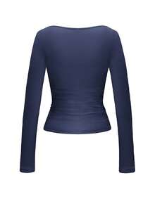 Vaiaye Women's Sexy Fitted Long Sleeve Knit Top, Solid Color Square Neck T-Shirt, Suitable For Valentine's Day Wear - Navy Blue - View 4