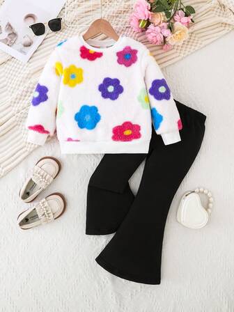 女童印花加厚抓绒圆领卫衣+柔软纯色喇叭裤套装，秋冬款