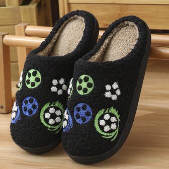 1 Pair World Cup Cartoon Football Design Indoor Warm Thermal Slippers, Outdoor Party Fluffy Long Fur Slippers