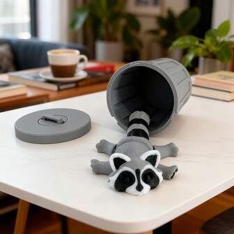 1 Set de Decoración de Bote de Basura de Mapache - Tapa cilíndrica giratoria de plástico pulido impreso en 3D con diseño a rayas, decoración de oficina, accesorios de coche, recuerdo de fiesta adorable, regalo de cumpleaños, regalo de Año Nuevo, entusiasta de pasatiempos 3D, regalo de pareja, artesanía de arte creativo coleccionable, textura detallada, modelo de bote de basura de mapache de plástico duradero y de alta calidad, adecuado para coleccionistas y decoración del hogar, sin batería, regalo ideal para exhibición de vacaciones modernas