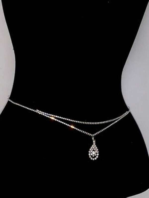 1pc Sexy Multi-Layer White Diamond Water Drop Pendant Waist Chain, Fashionable Geometric Crystal Body Jewelry Accessory, Women Beach Necklace Body Chain