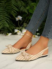 白色尖头蝴蝶结设计平底鞋，镂空乐福鞋，优雅休闲春秋新款女士镂空穆勒鞋 - 卡其色 - 查看 2