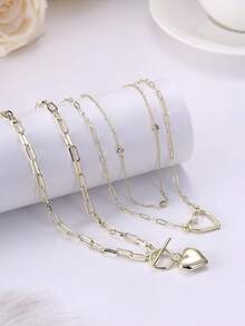 3Pcs Layered 14K Gold Plated Necklaces For Women Dainty Necklace Stack Silver Plated Non Tarnish Free Pendant Chunky Chain Pearl Paperclip Cross Heart Necklace Set For Women - 14K鍍金項鍊+心型吊墜 - 查看 6