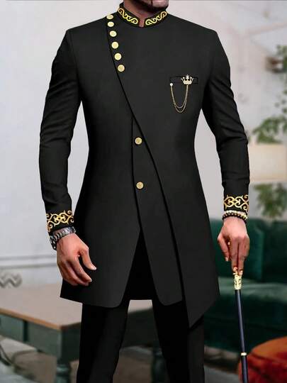 Men's Casual Long-Sleeved Two-Piece Suit, Mid-Length Top And Trousers  Spring/Fall    Pocket  Button Front  Button    Christmas